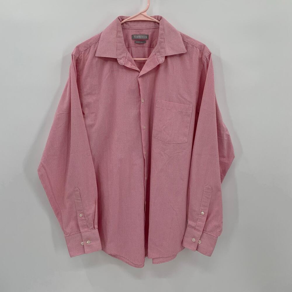 Van Heusen Fitted Button Up Dress Shirt Mens 16(34/35) Pink White Check